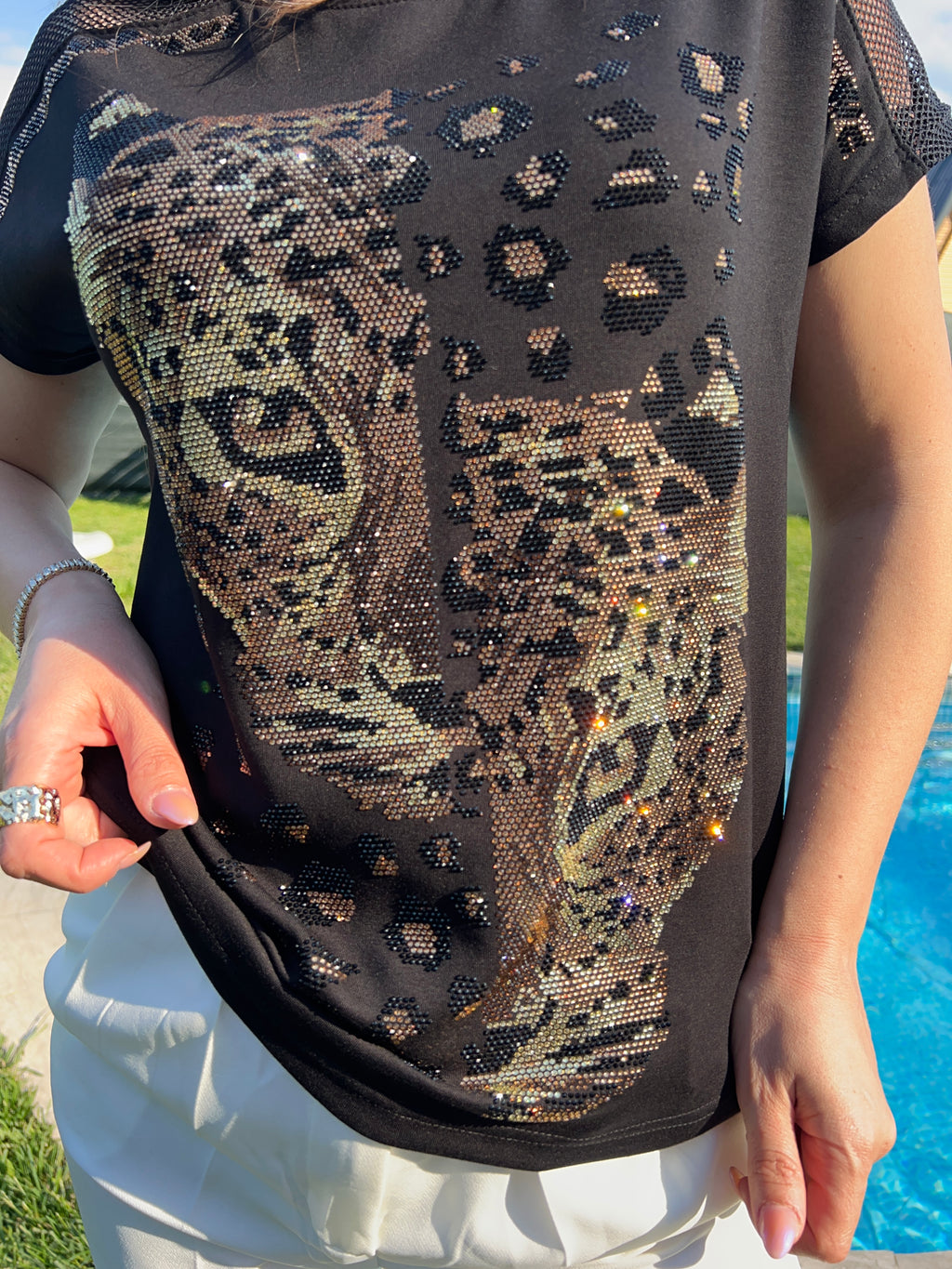 Leopar desenli taşlı kahverengi bluz